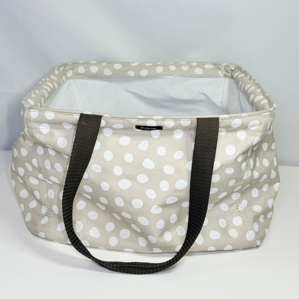 Thirty-One Square Utility Tote Taupe Polka Dot Collapsible Storage Bag Retired